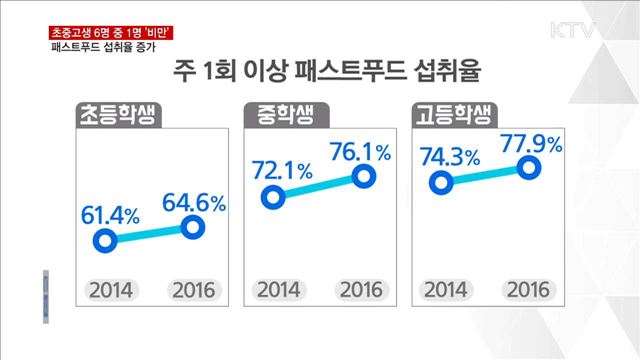 초중고생 6명 중 1명 '비만'…패스트푸드 섭취율 증가