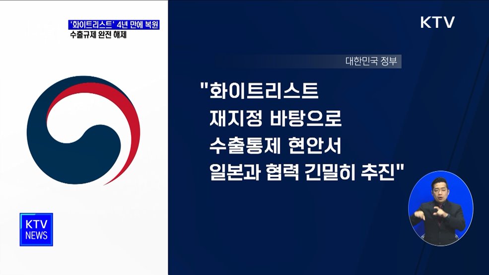 일본, 한국 '화이트리스트' 재지정···수출규제 해제