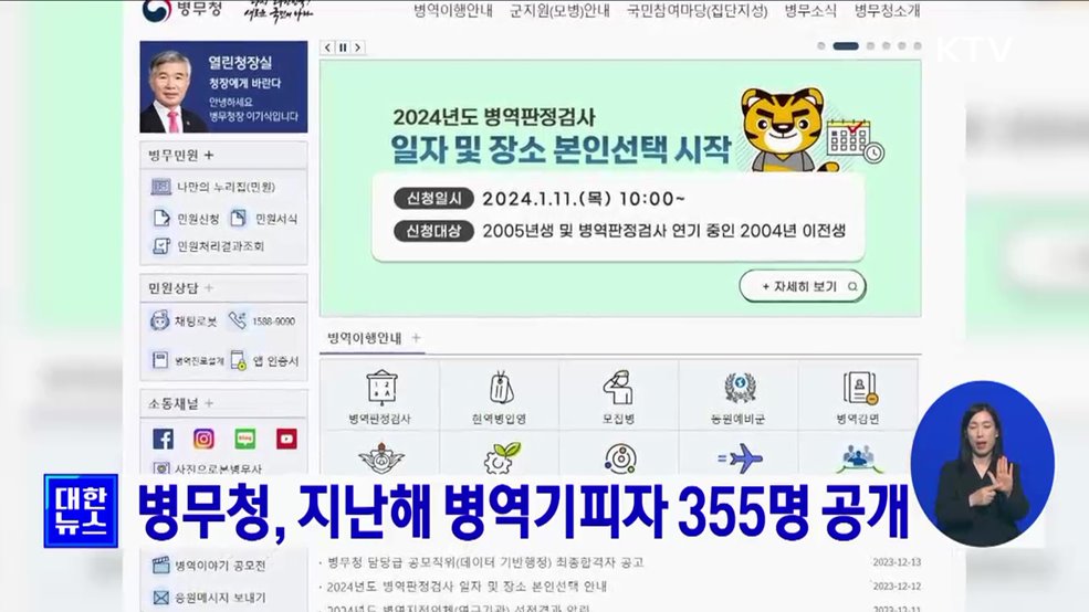 병무청, 지난해 병역기피자 355명 공개
