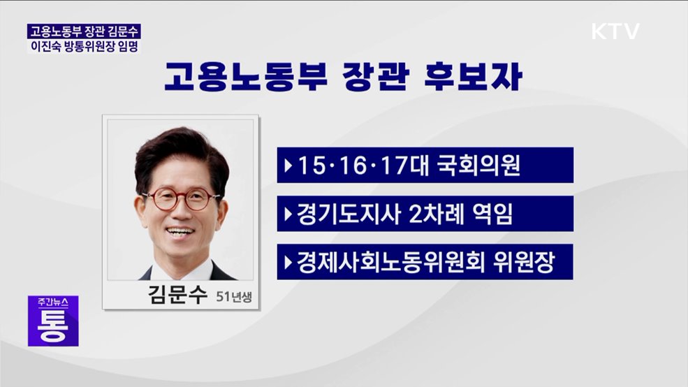 고용노동부 장관 김문수 지명···이진숙 방통위원장 임명