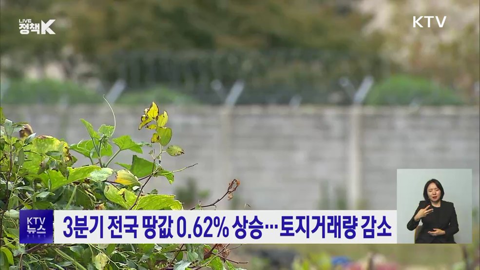 3분기 전국 땅값 0.62% 상승···토지거래량 감소